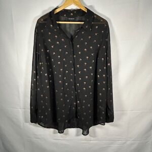 Lane Bryant Palm Tree Print Sheer Black Blouse Button‎ Down Top Plus Size 22/24